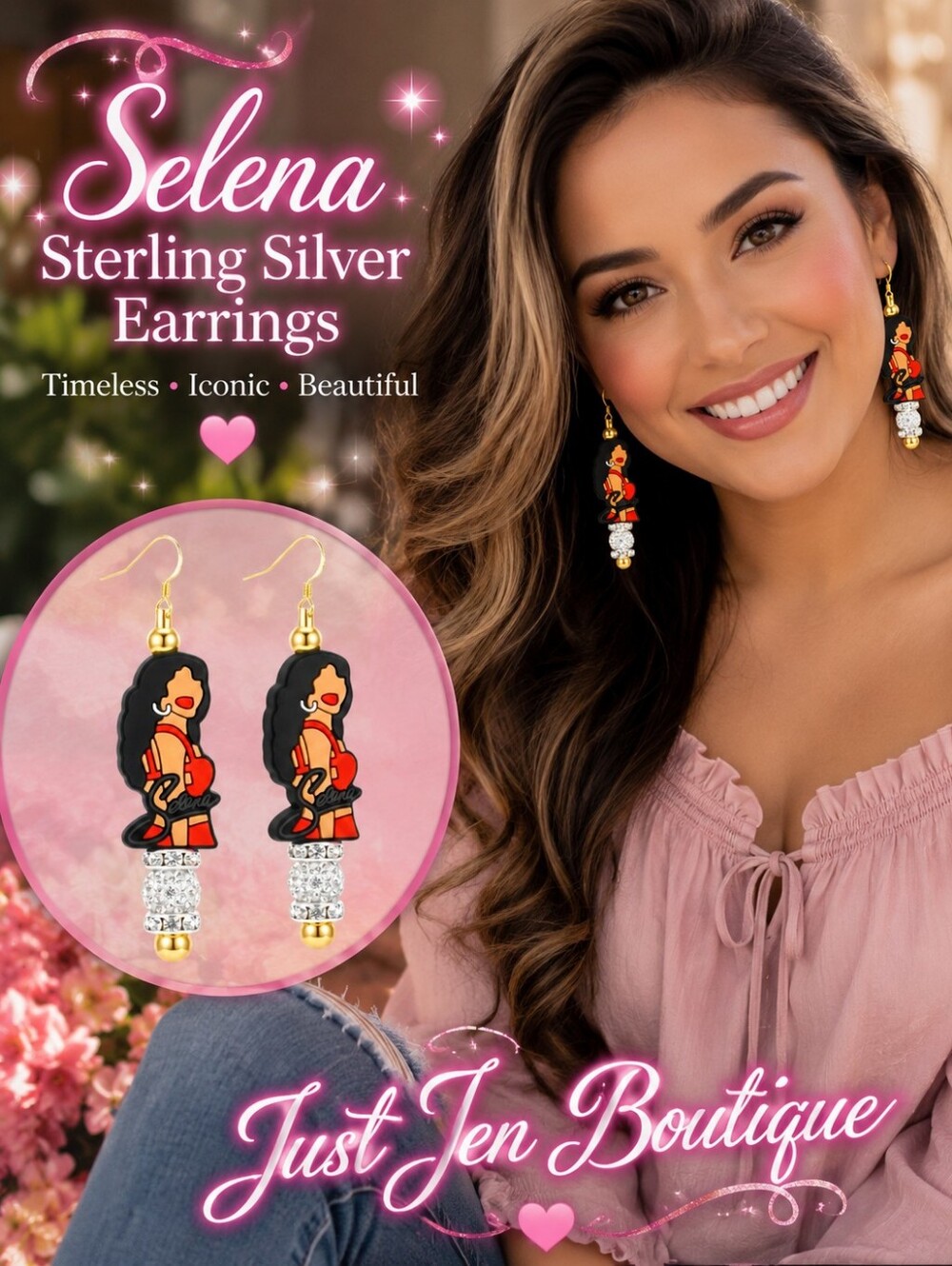Selena Sterling Silver Red and Black Drop Rhinestone Earrings W/Gift Box - Picture 1 of 11